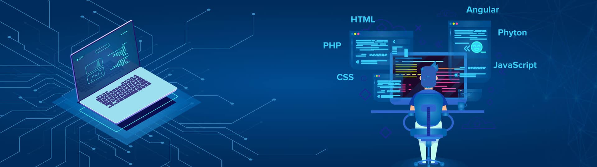 Developer at a laptop surrounded by programming language labels