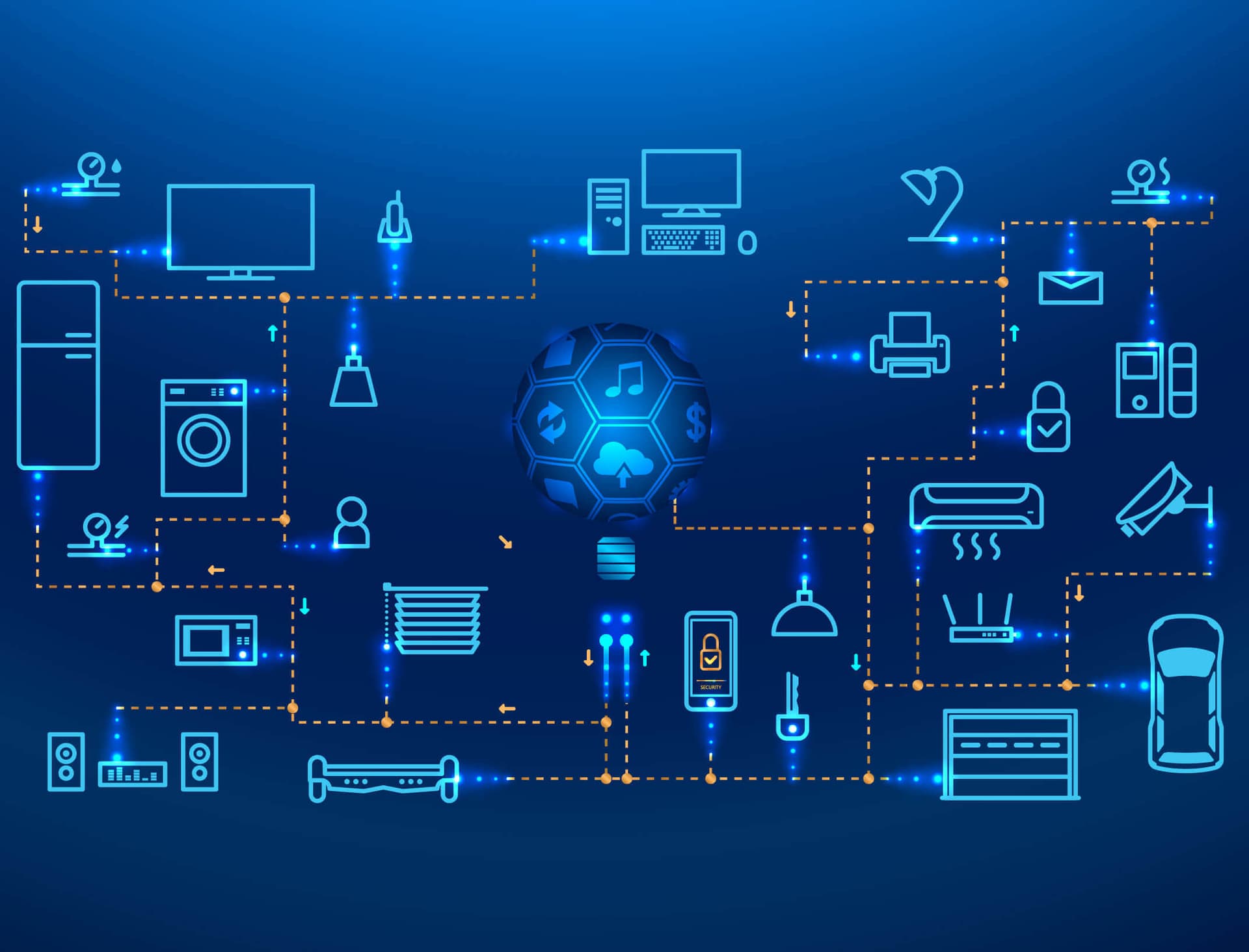 Network of connected smart devices on a blue background