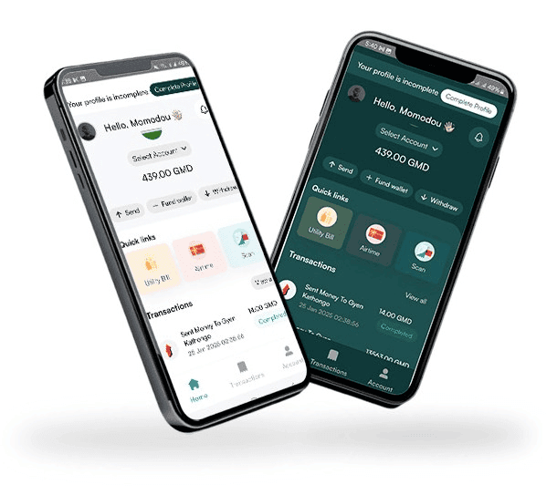 Two phones showing a money transfer app with balance and transactions