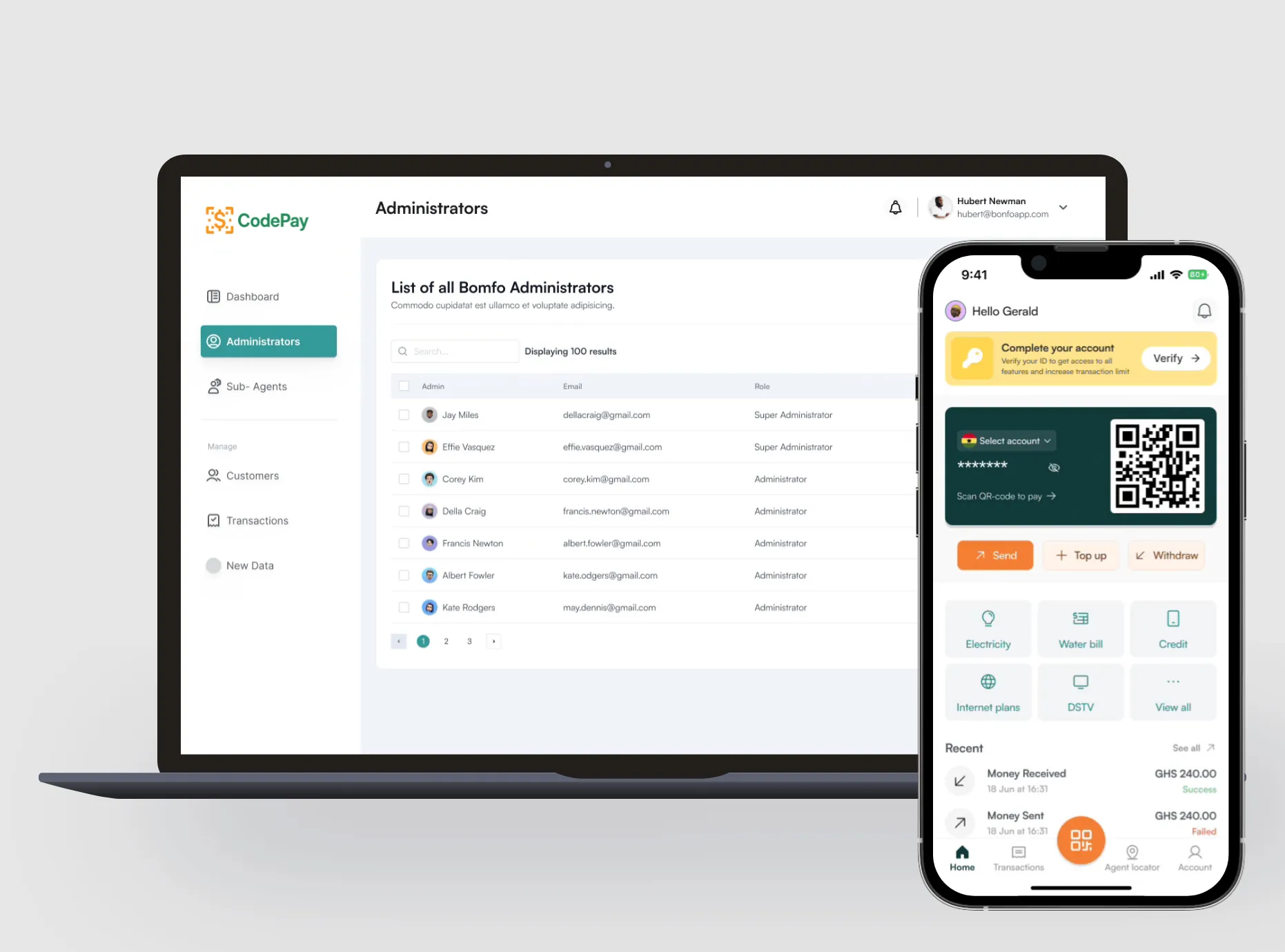 Code Pay admin dashboard on a laptop with the mobile app on a phone