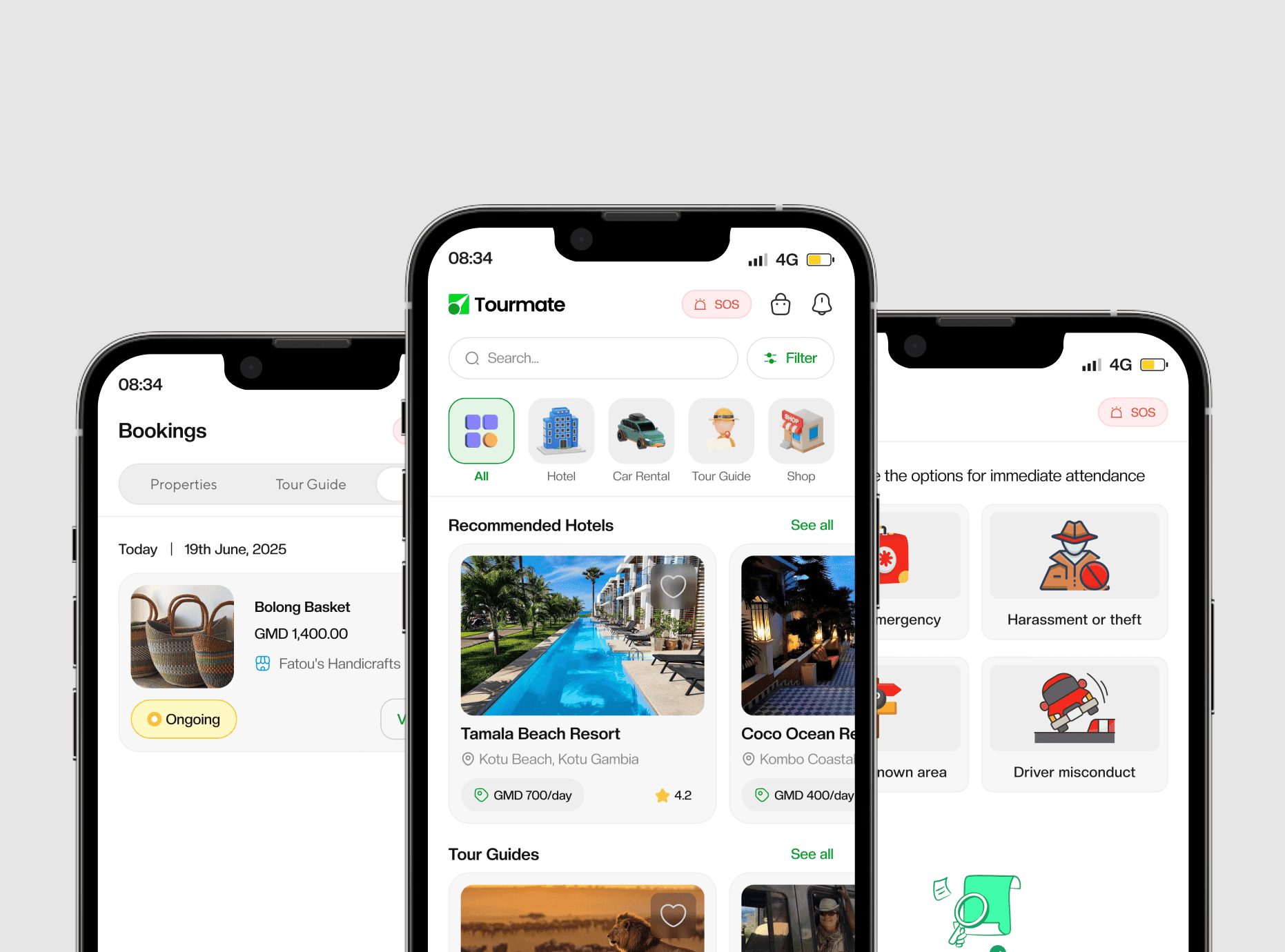Tourmate travel app screens on phones, showing bookings and resorts