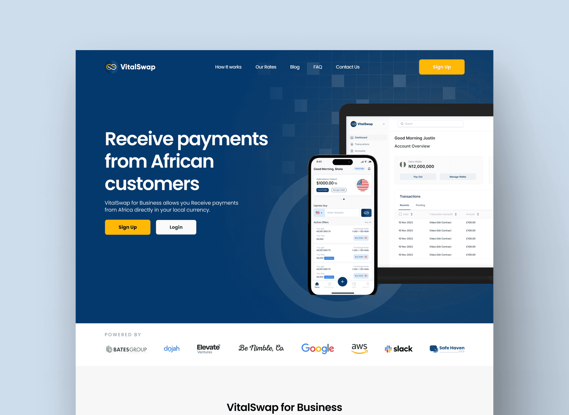 VitalSwap for Business landing page on desktop and phone, from the DK Pay case study