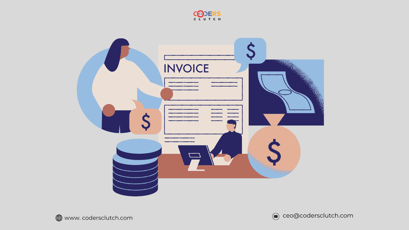 Illustration of a woman presenting an invoice while a colleague processes it at a computer, surrounded by coins and money.