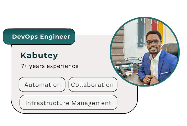 DevOps engineer profile card: Kabutey, 7+ years, automation and infrastructure management