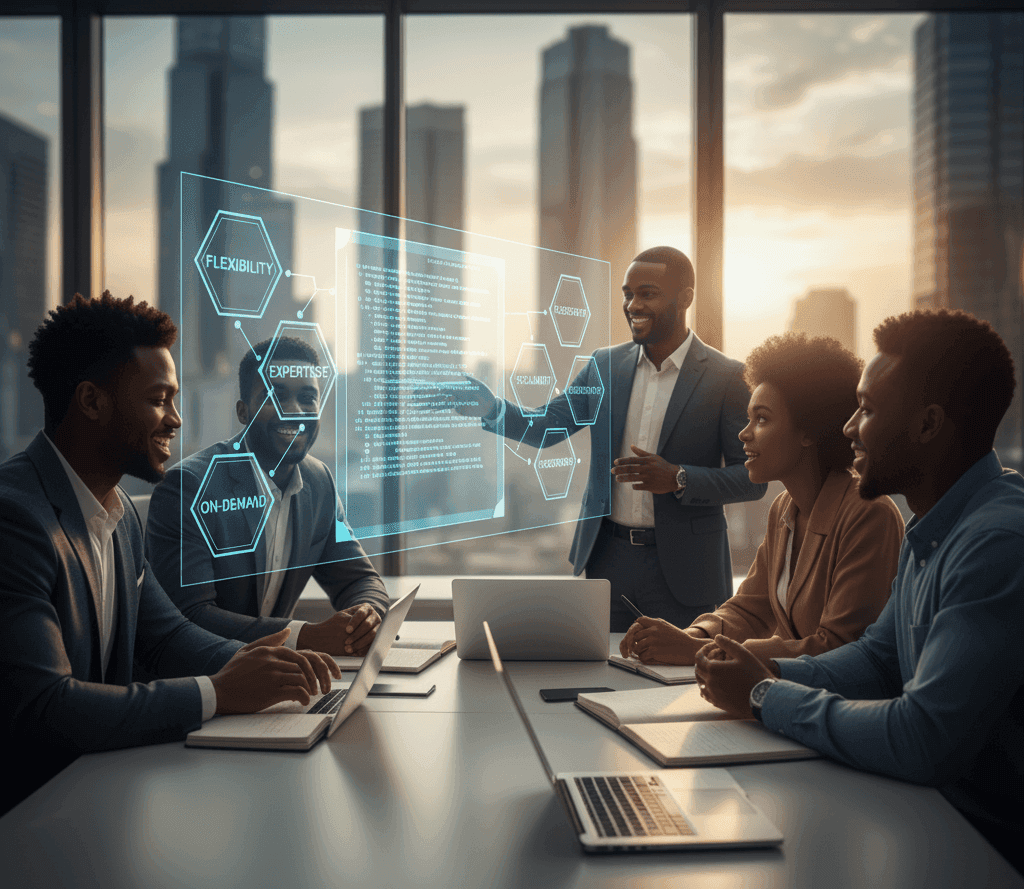 Team meeting while a presenter explains flexible staffing on a holographic screen