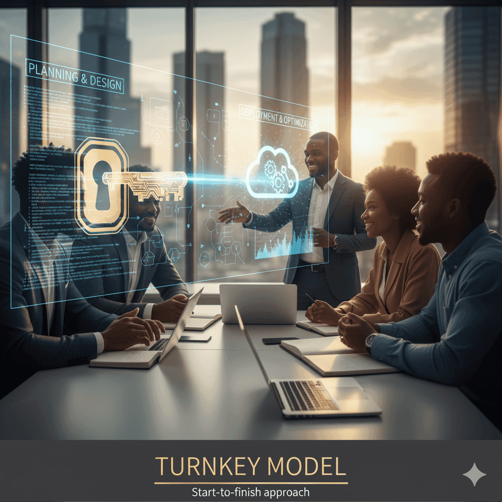 Team meeting under a turnkey model planning and design graphic