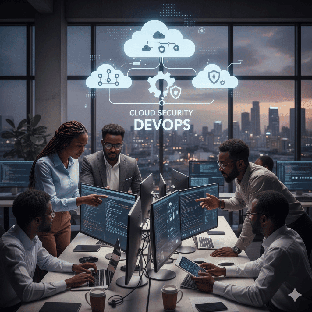 Engineers at screens beneath a cloud security DevOps diagram