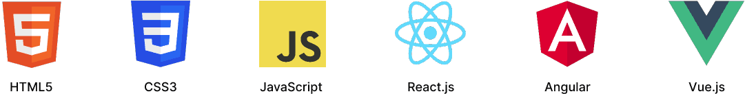 HTML5, CSS3, JavaScript, React, Angular and Vue.js logos