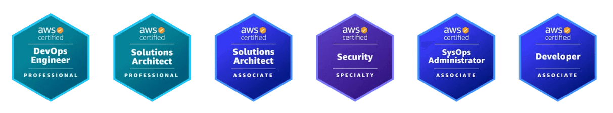 AWS certification badges: DevOps Engineer, Solutions Architect, Security, SysOps Administrator and Developer