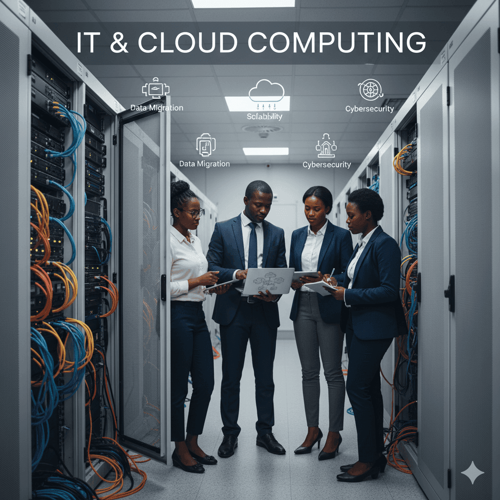 Engineers reviewing a laptop in a server room