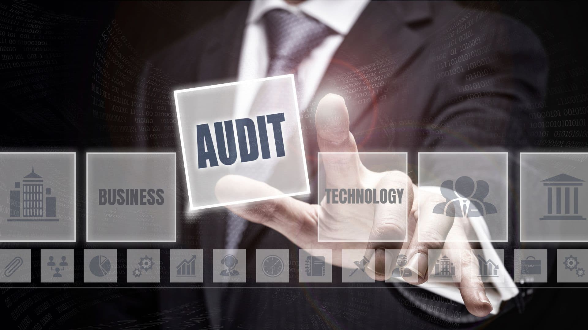 A businessman pressing a glowing “Audit” button among “Business” and “Technology” icons.