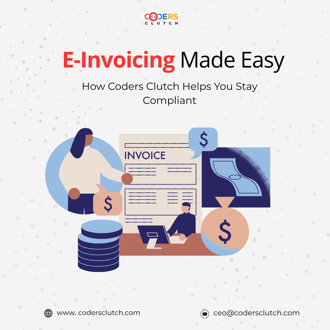 Illustration of a large invoice with dollar signs, coins and a person working at a computer.