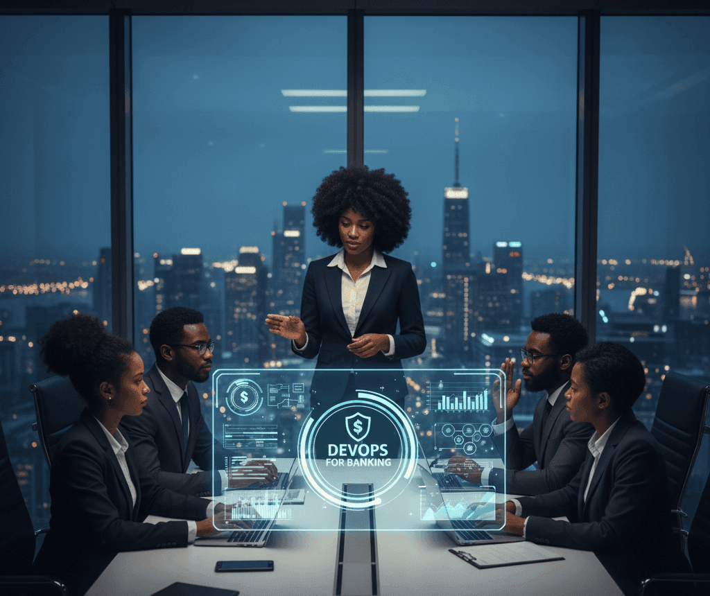 Banking team meeting around a DevOps for banking display