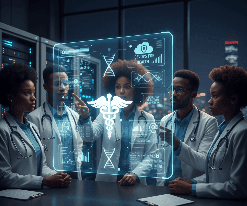 Doctors gathered around a holographic health data display
