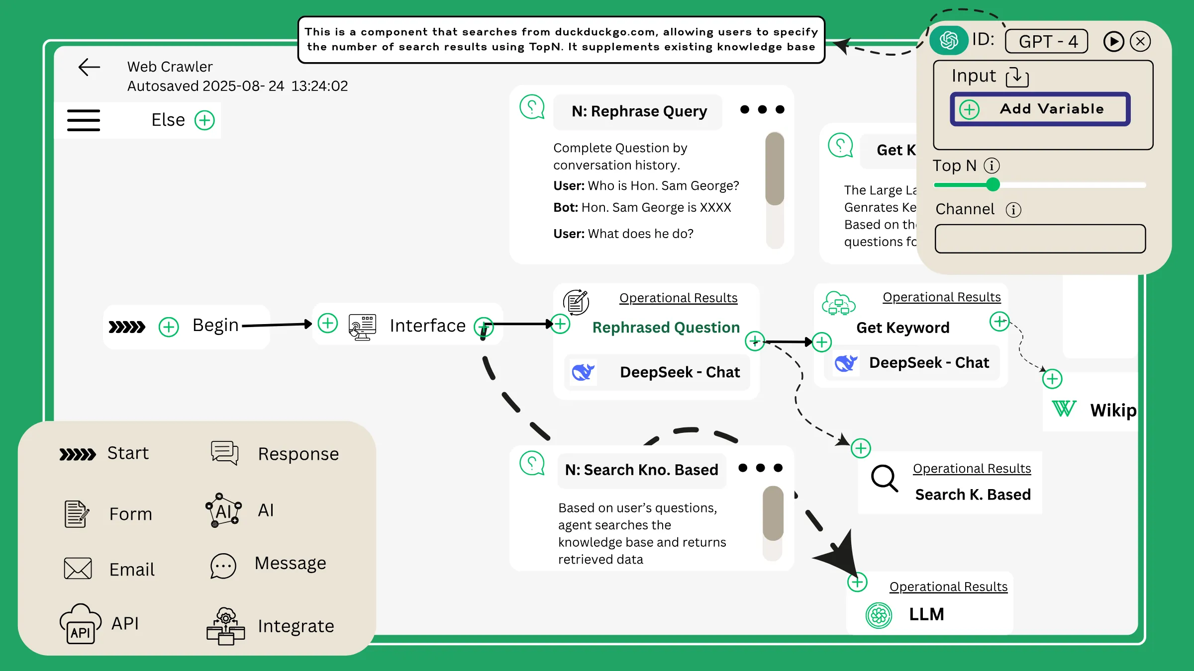 AI agent workflow builder with a web crawler flow and start, form, AI and API blocks