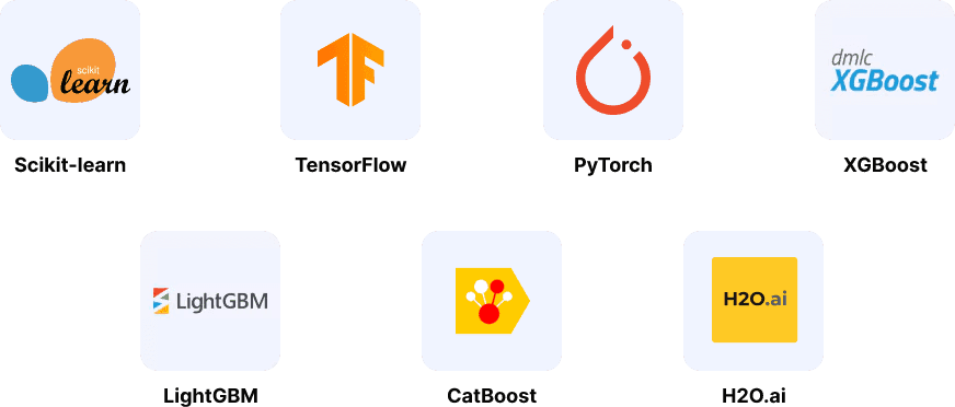 Scikit-learn, TensorFlow, PyTorch, XGBoost, LightGBM, CatBoost and H2O.ai logos