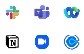 Collaboration tool logos including Slack, Microsoft Teams, Notion and Zoom