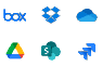 File storage logos including Box, Dropbox, OneDrive, Google Drive and SharePoint