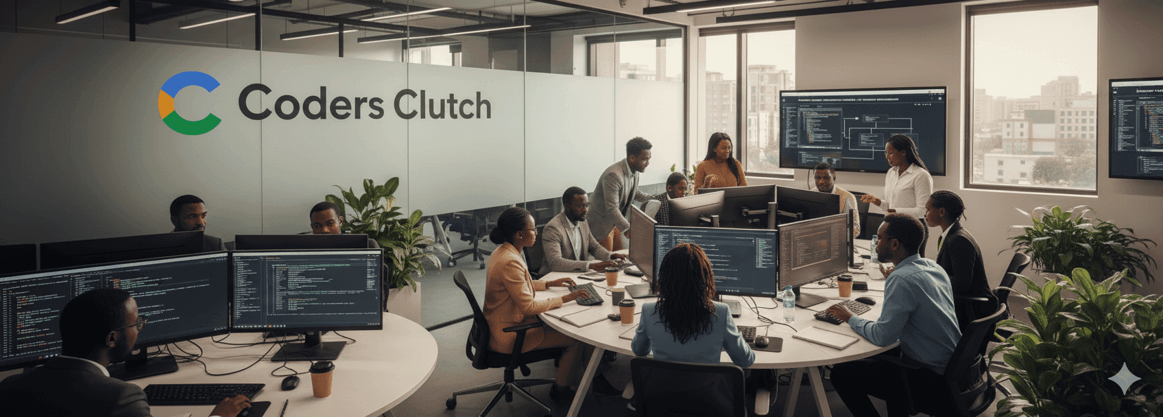 Coders Clutch team working at desks in a large open-plan office