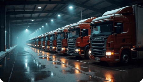 Row of lorries parked in a lit depot at night