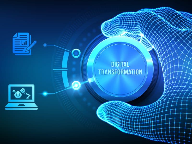 Wireframe hand turning a digital transformation dial