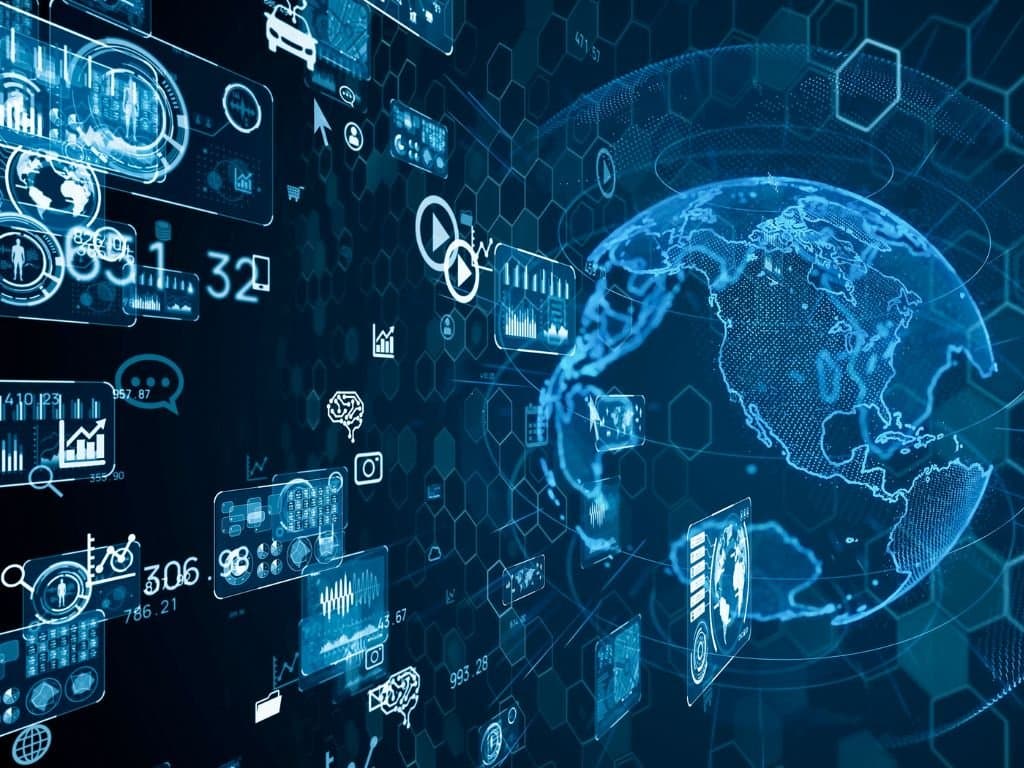 Digital globe surrounded by data and analytics icons