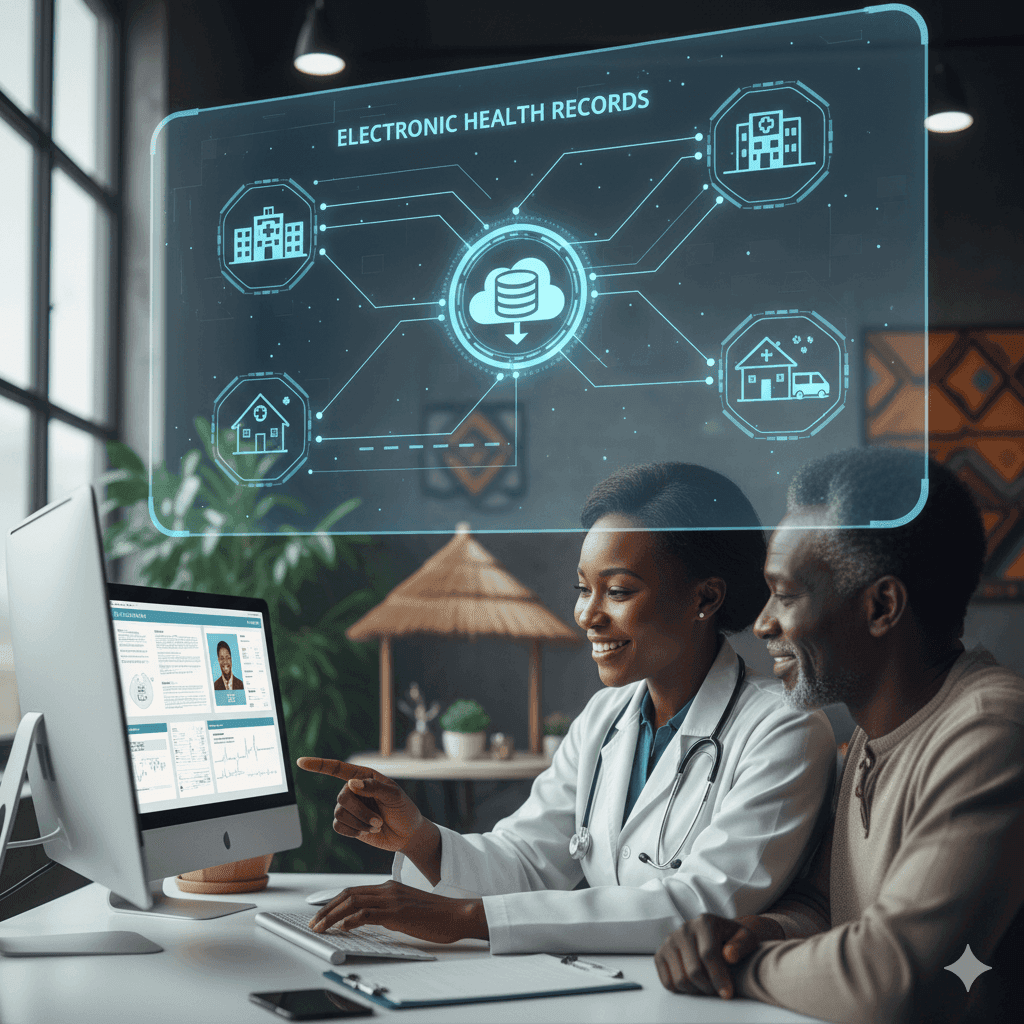 Doctor reviewing a patient record on screen with an older patient