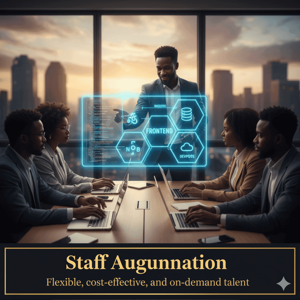 Staff augmentation team meeting around a holographic display