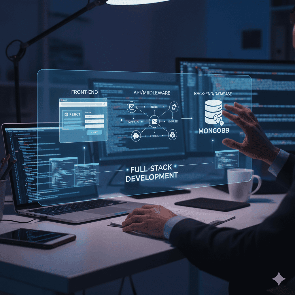 Developer at a desk with a full-stack architecture diagram on a holographic screen