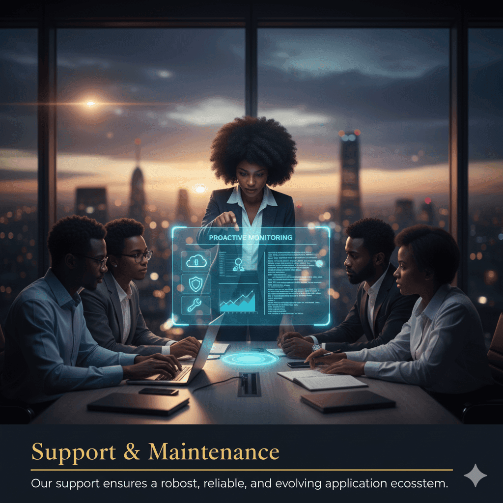 Support and maintenance team meeting around a holographic display