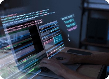 Hands typing on a laptop with code floating above the screen