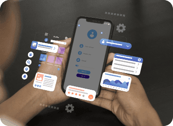 Hands holding a phone with app interface cards floating around it