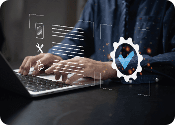 Hands typing on a laptop beside a quality check icon