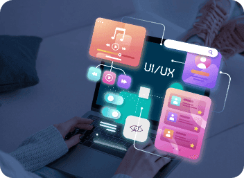 Laptop with colourful UI/UX design elements floating above it