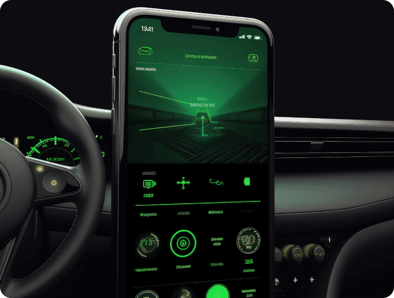Phone mounted in a car dashboard showing a vehicle app