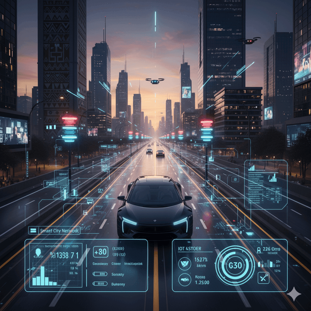 Connected car on a city road with live vehicle data overlays