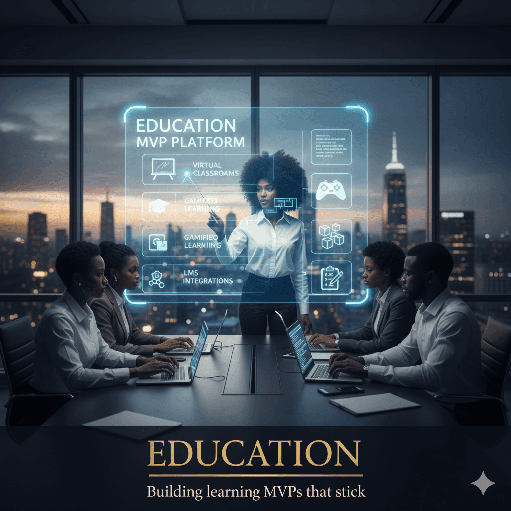 Team meeting around an education MVP platform display