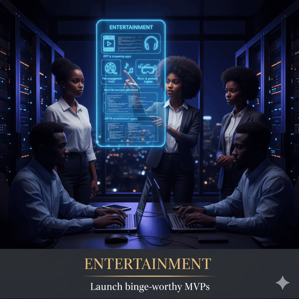 Team meeting around an entertainment MVP display