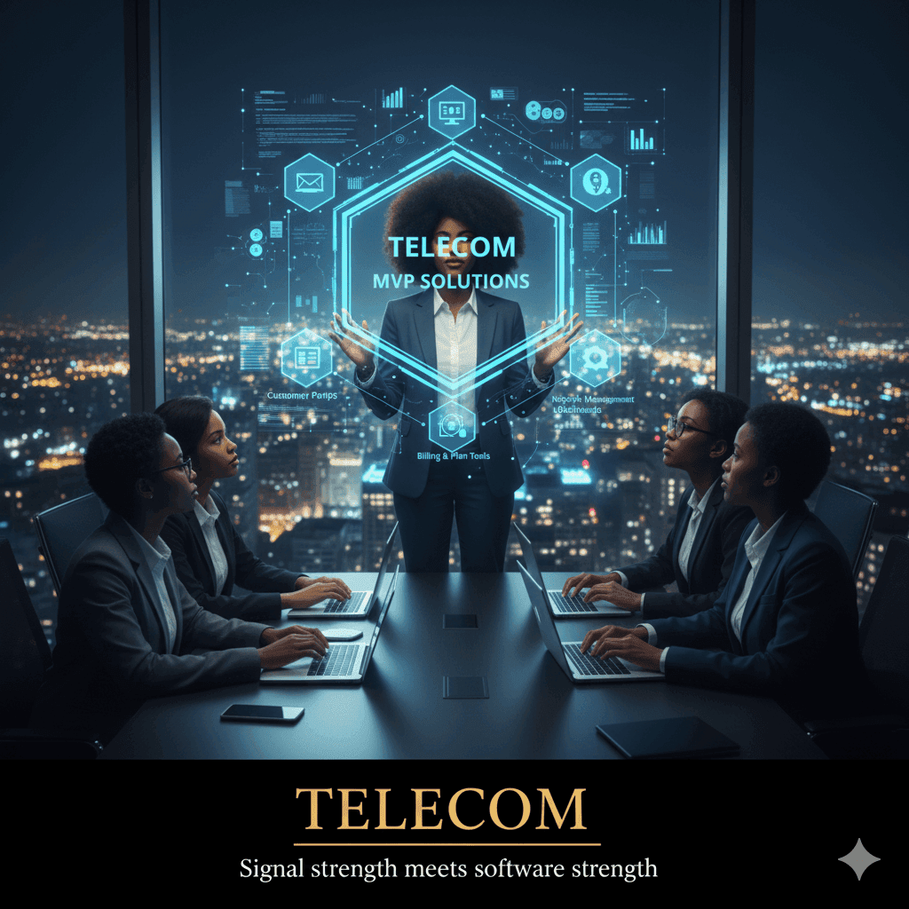 Team meeting around a telecom MVP solutions display