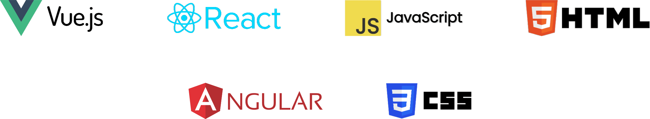 Vue.js, React, JavaScript, HTML, Angular and CSS logos