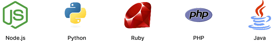Node.js, Python, Ruby, PHP and Java logos