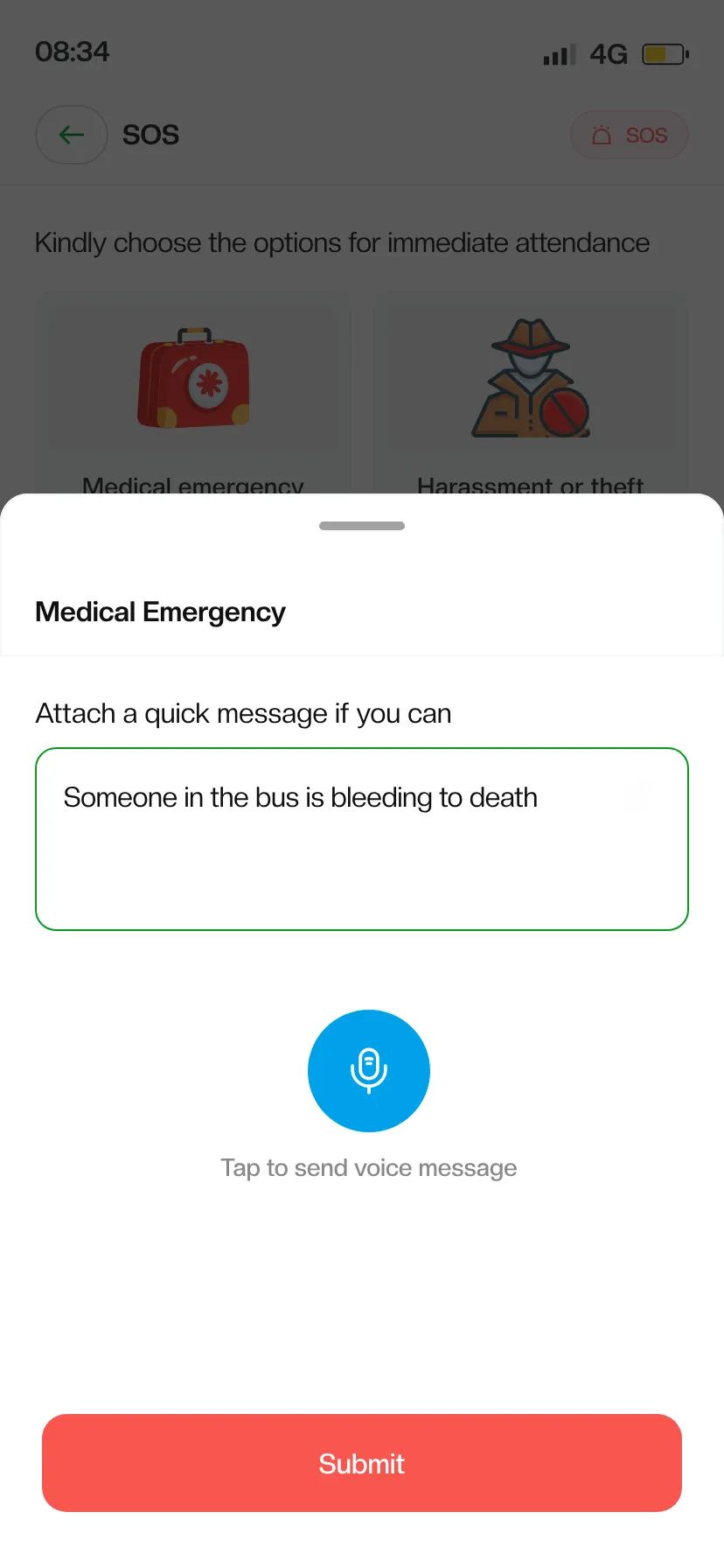 SOS app sheet for reporting a medical emergency