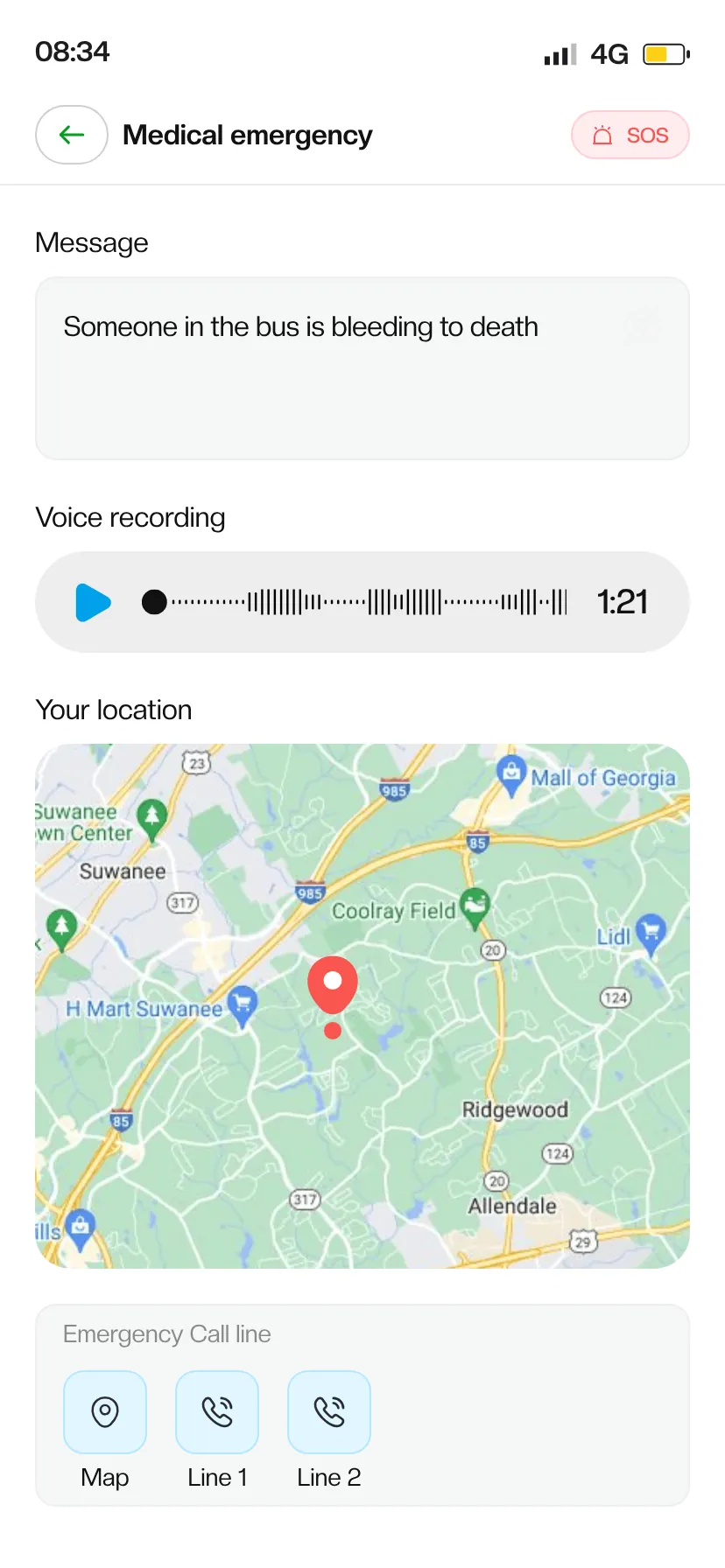 Medical emergency report screen with a message and voice recording