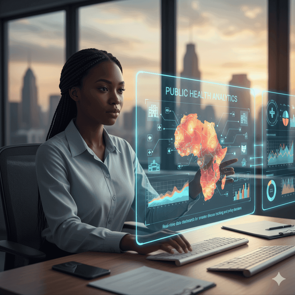 Analyst reviewing a health data map of Africa on a holographic display
