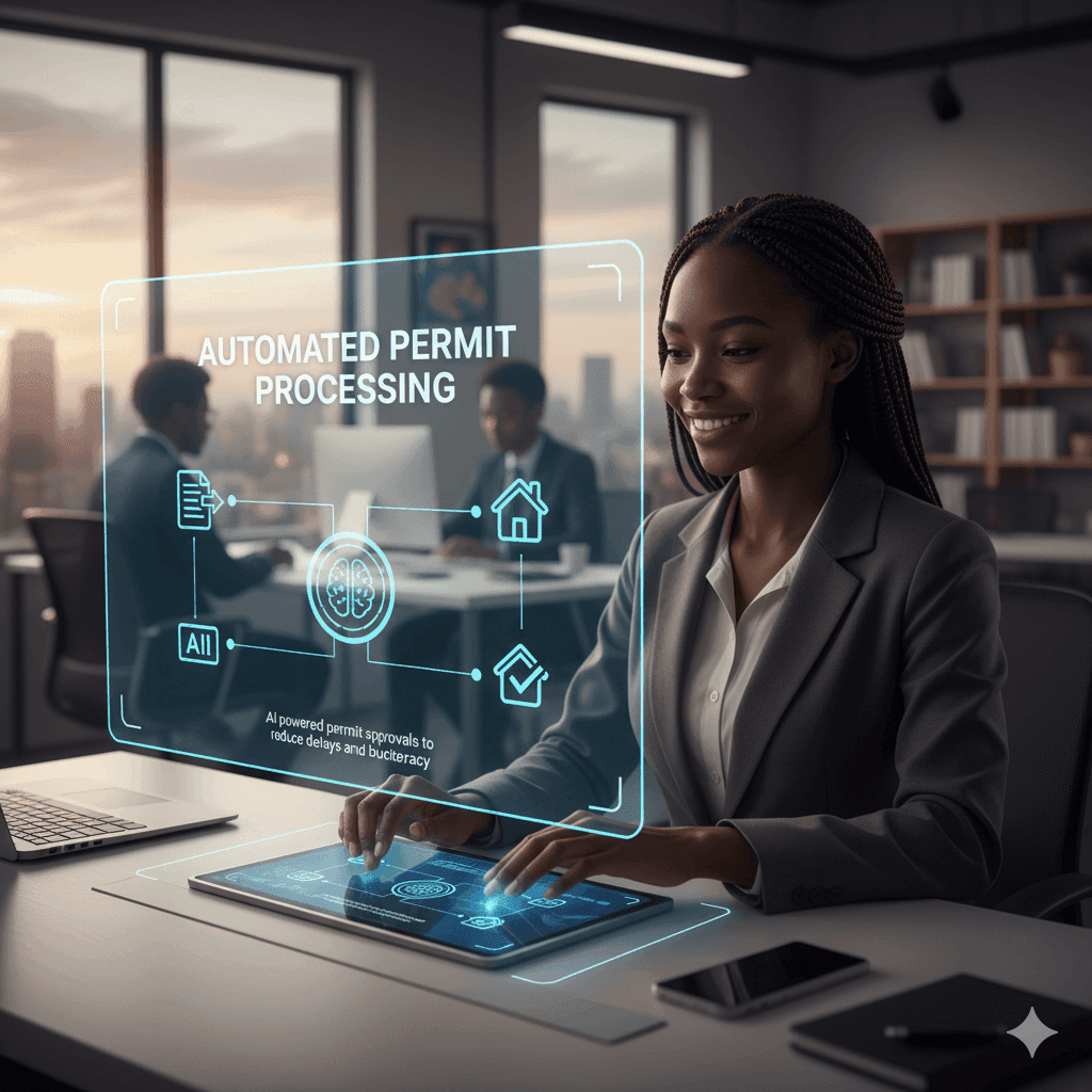 Official processing a permit application on a holographic display