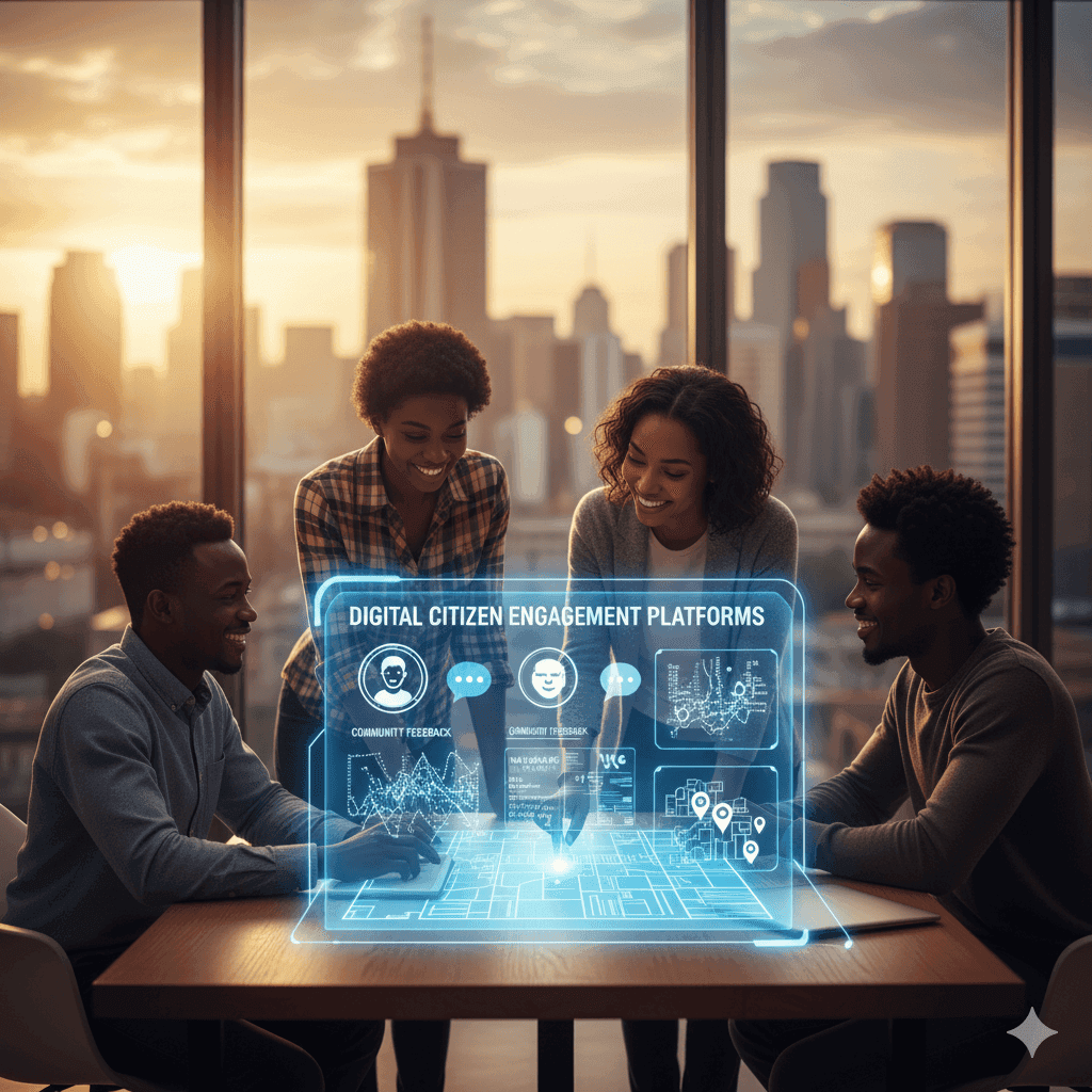 Citizens gathered around a digital engagement platform display