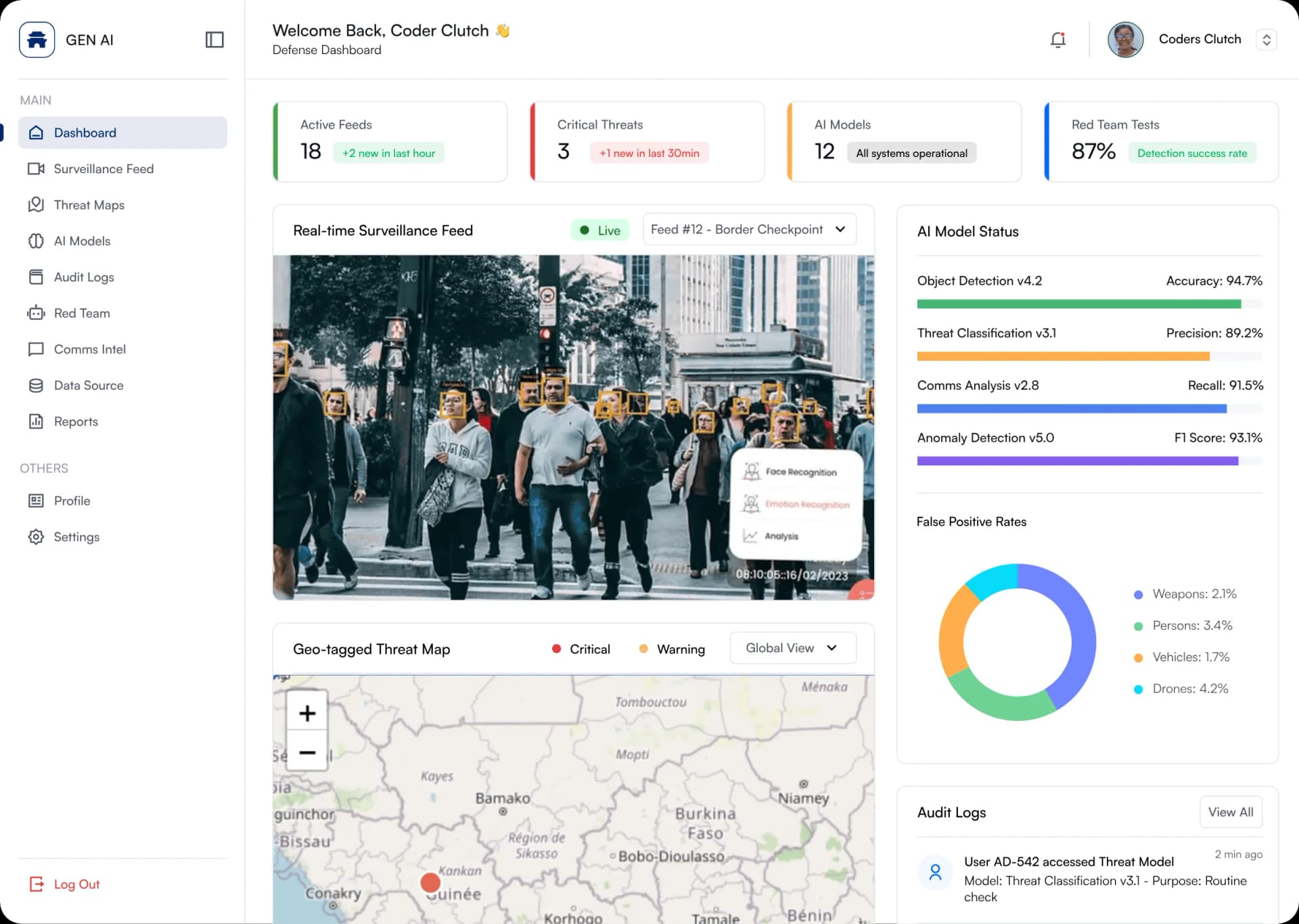 Public safety dashboard with a live surveillance feed and a geo-tagged threat map