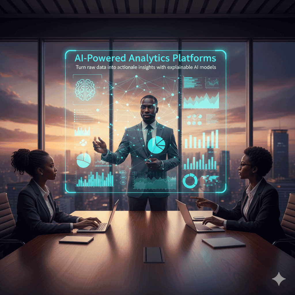 Analyst presenting an AI analytics dashboard to colleagues in a boardroom