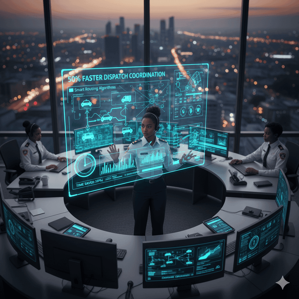 Dispatch team at a circular command centre with live screens