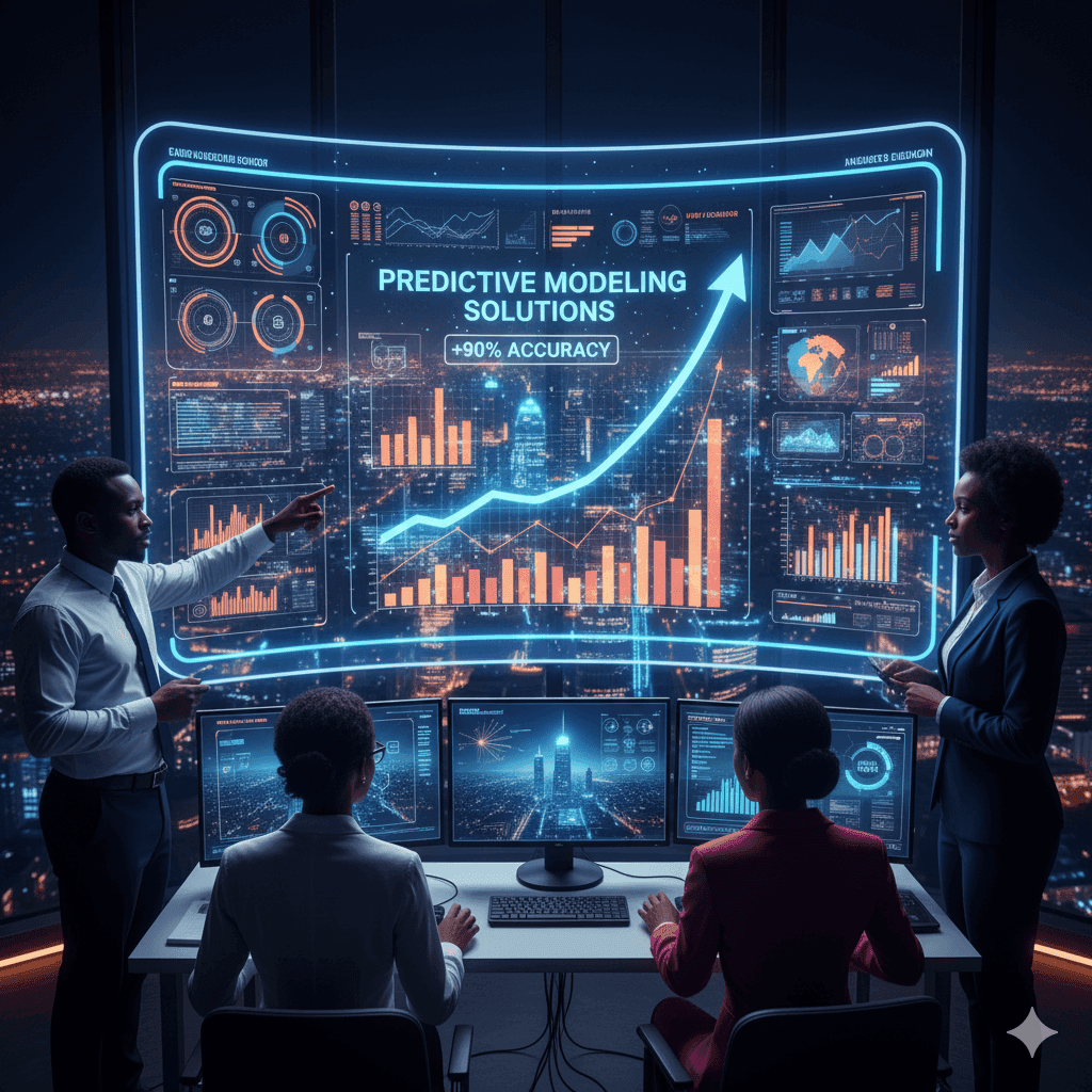 Analysts studying predictive charts on a wide holographic display